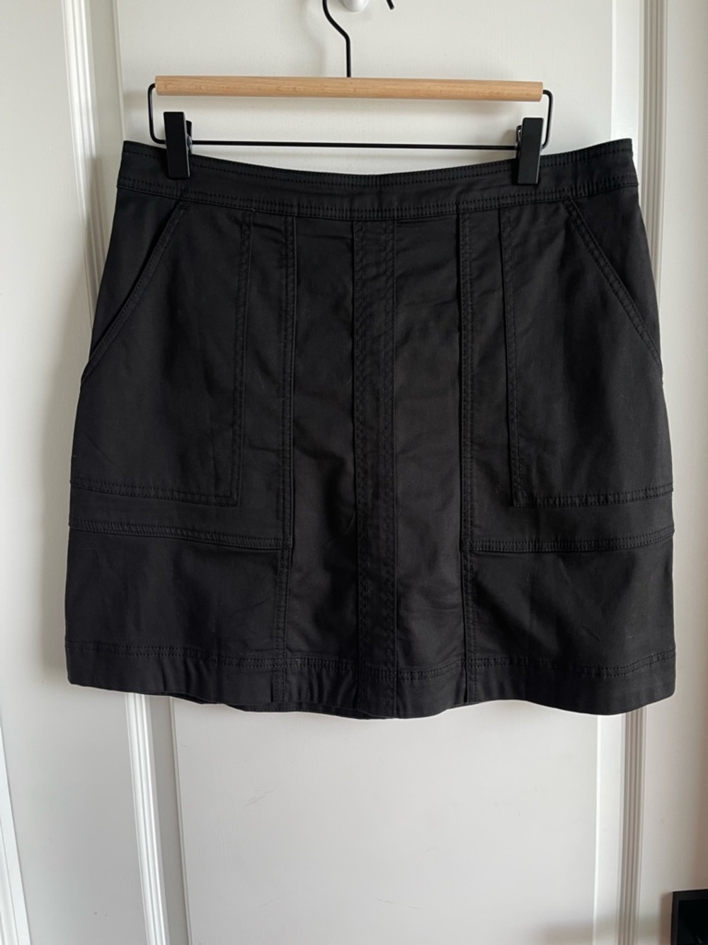 CAbi Black Mini Skirt Size 10 Utility Pocket Zip Back Casual Chic